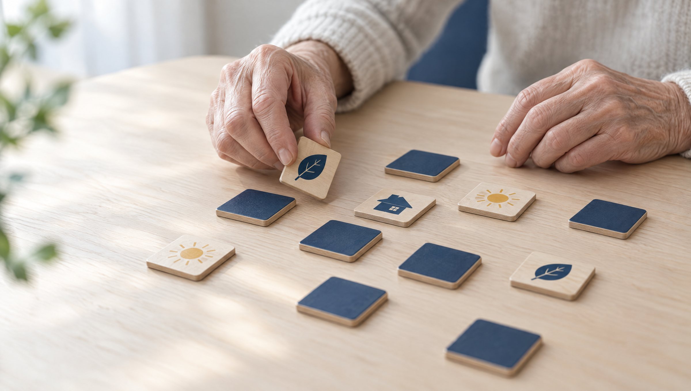 Ältere Hände beim Memory-Spiel mit Holzkarten
