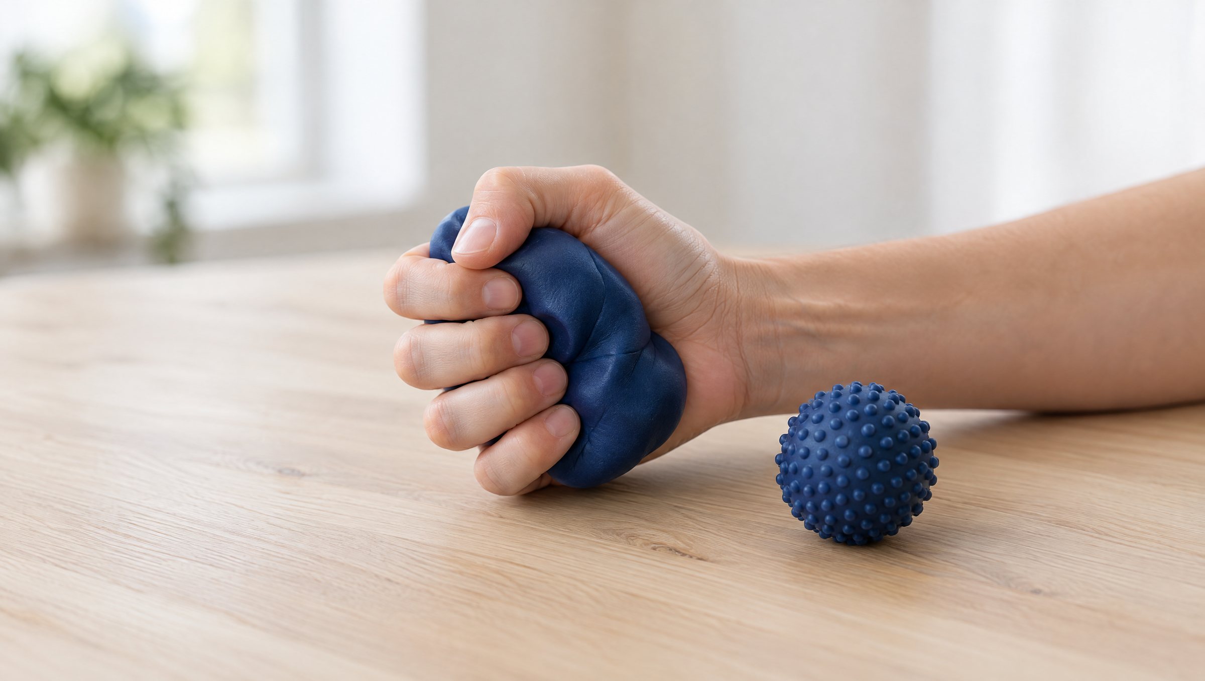 Hand drückt Therapieknete, daneben ein Igelball