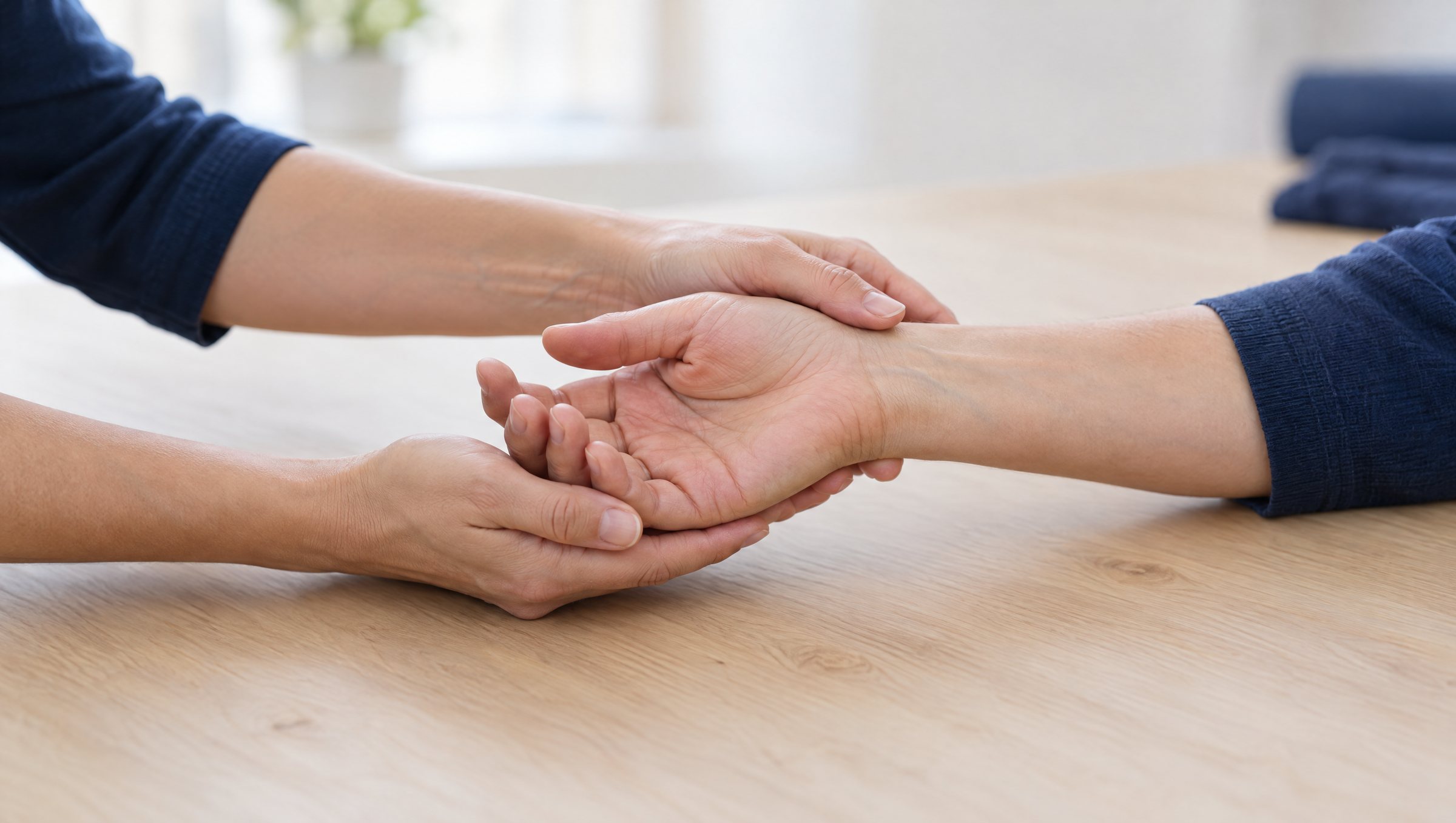 Therapeutenhände stützen die Hand eines Patienten