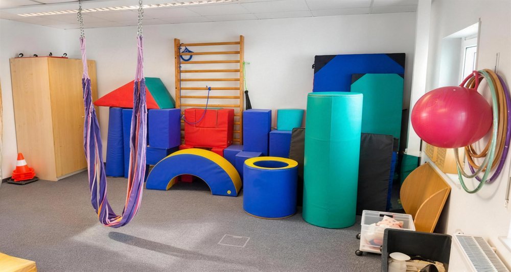 Bewegungsraum der Praxis mit Schaukel, Sprossenwand, Schaumstoff-Bausteinen und Pezziball
